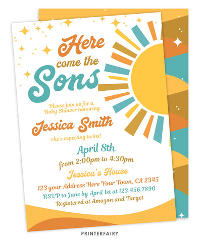 Here Come the Sons Twins Baby Shower Invitation