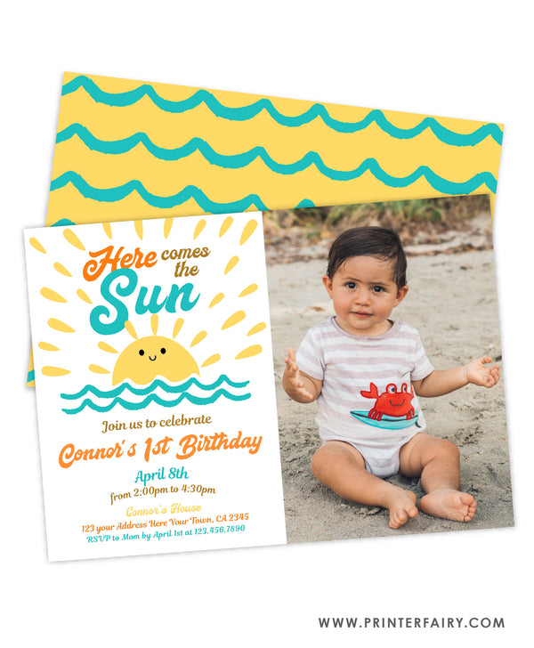 Here Comes the Sun First Birthday Invitation with Photo