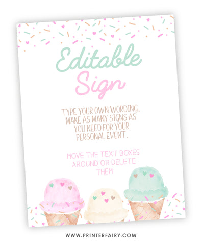 Ice Cream Baby Shower Editable Sign