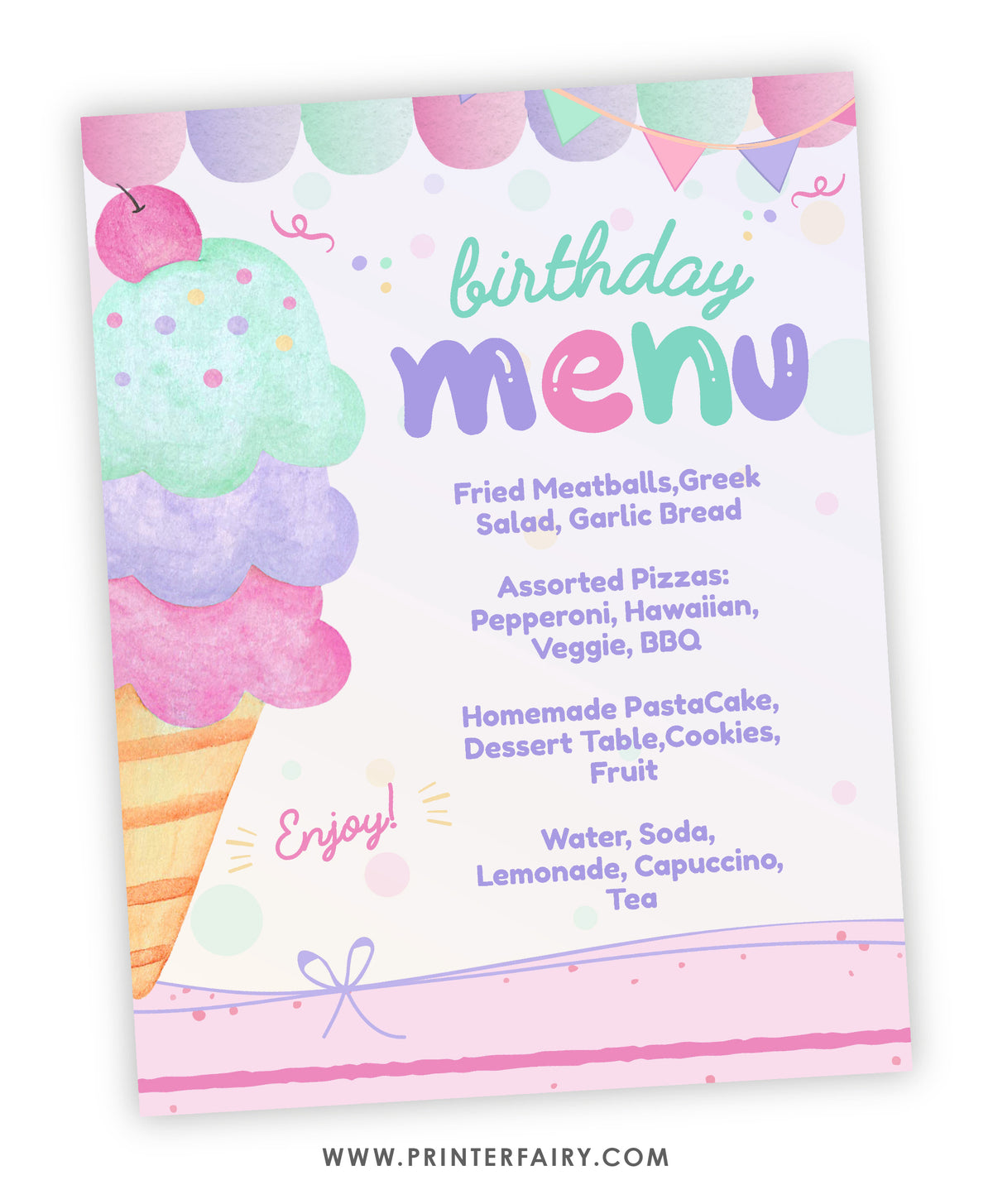 Ice Cream Birthday Menu