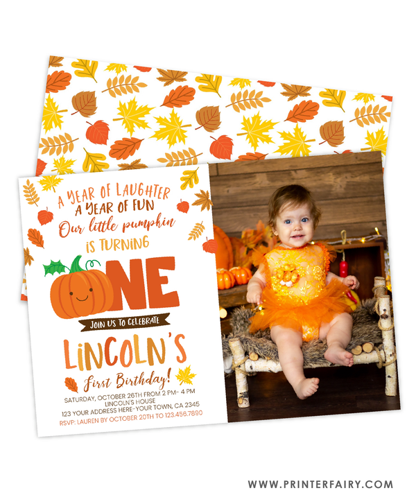 Little Pumpkin First Birthday Invitation with Photo