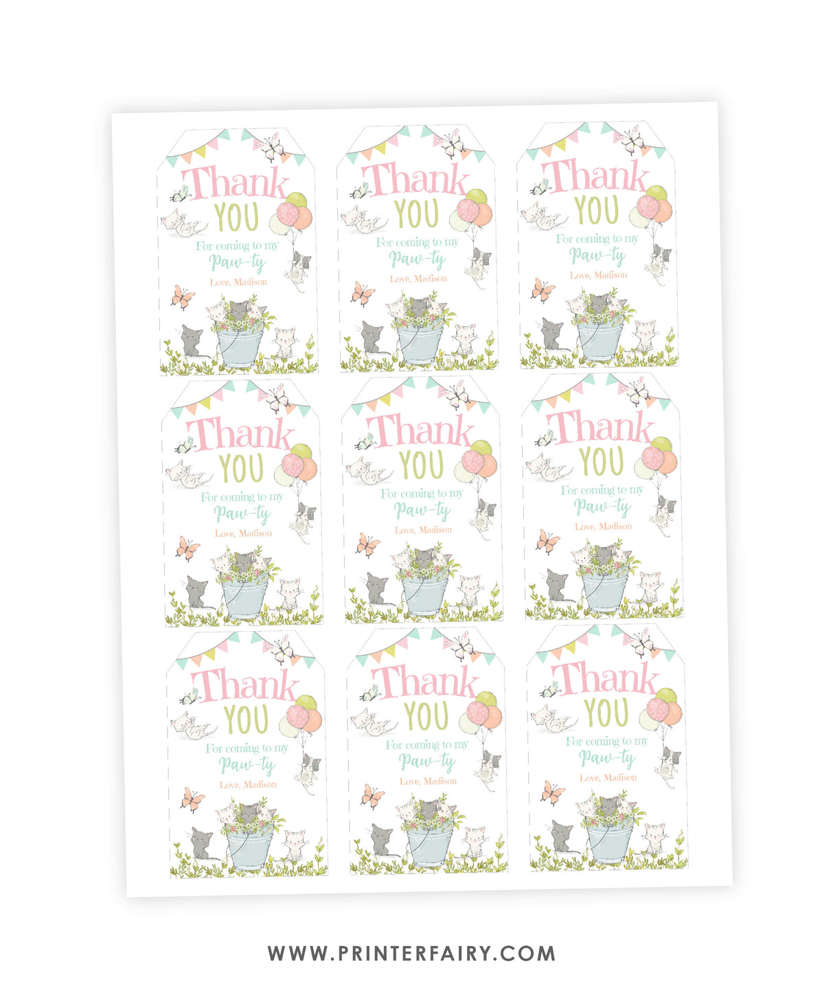 Kitten Garden Birthday Party Favor Tags