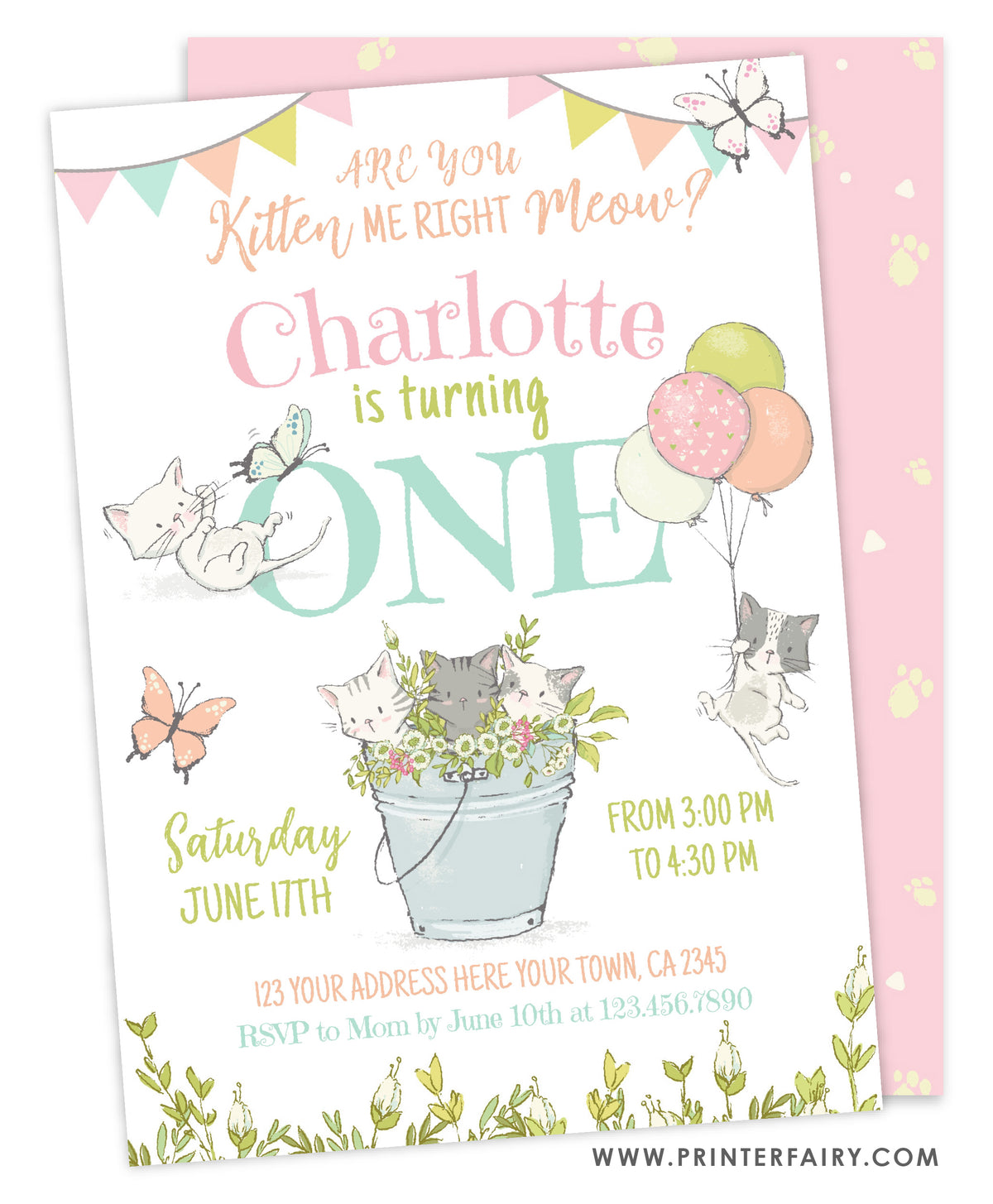 Kitten Garden First Birthday Party Invitation