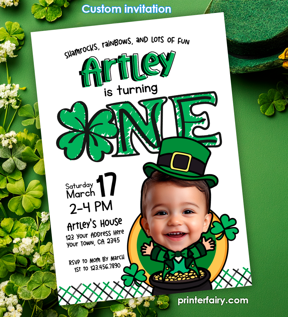 Little Shamrock First Birthday Invitation with Photo