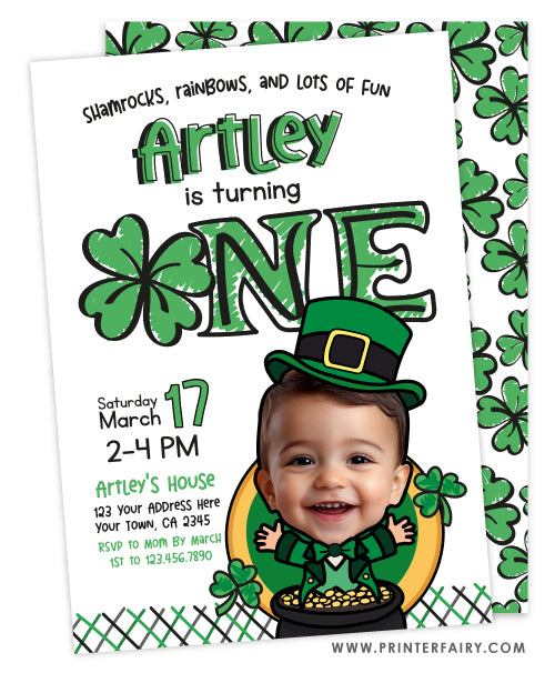 Little Shamrock First Birthday Invitation with Photo