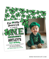 Little Shamrock First Birthday Invitation with photo