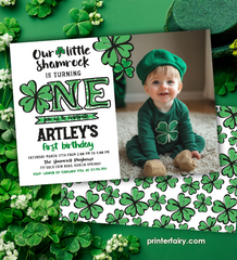 Little Shamrock First Birthday Invitation with photo