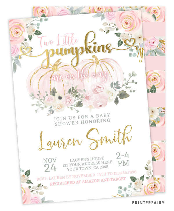 Pink Gold Pumpkin Twins Baby Shower Invitation