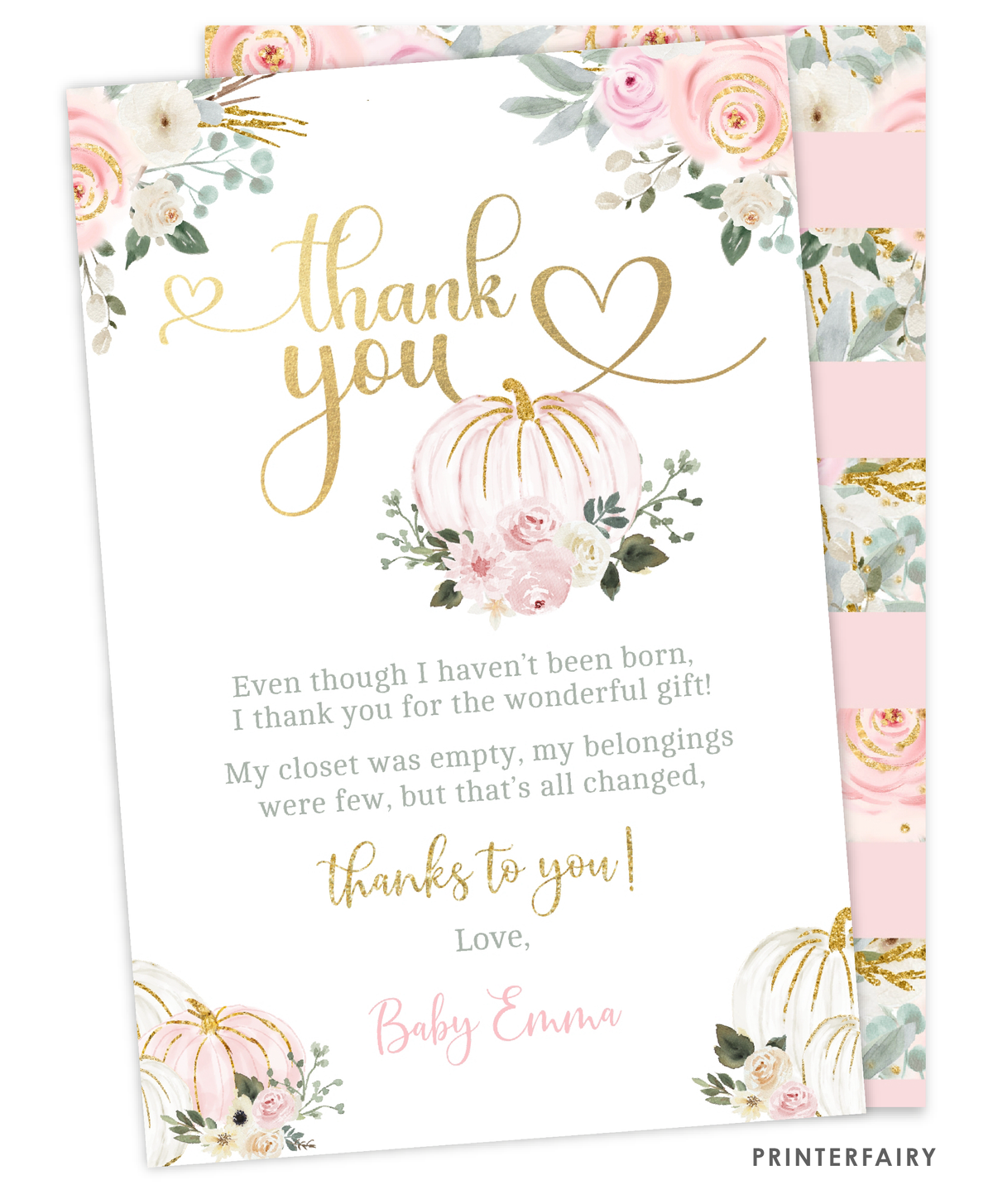 Pink Gold Pumpkin Baby Shower Thank You Notes