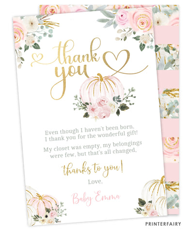 Pink Gold Pumpkin Baby Shower Thank You Notes