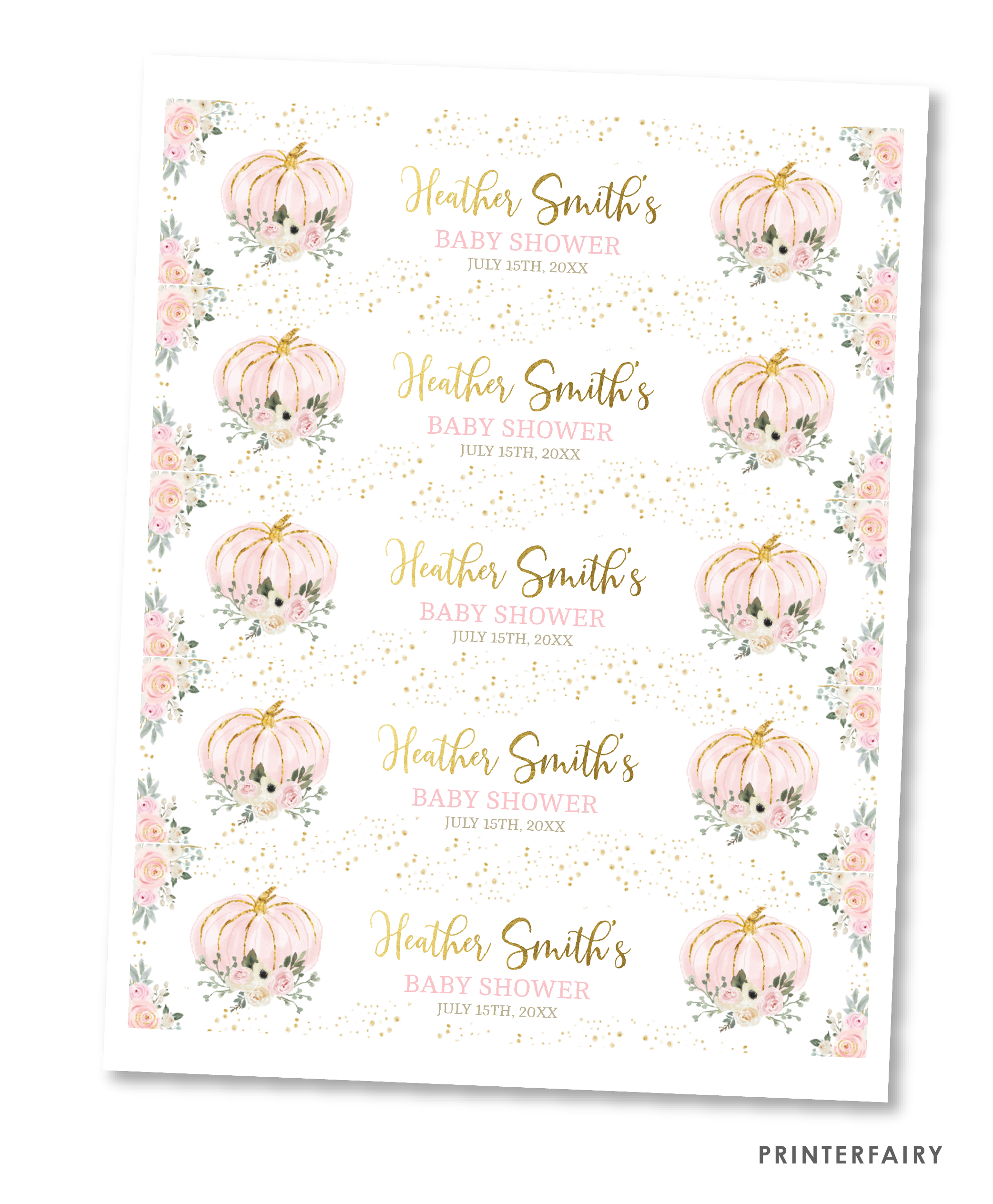 Pink Gold Pumpkin Baby Shower Water Botte Label