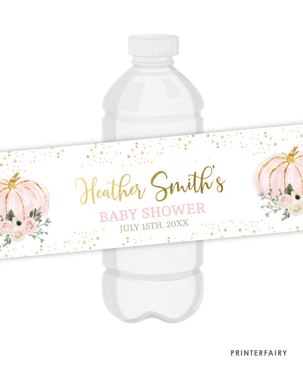 Pink Gold Pumpkin Baby Shower Water Botte Label