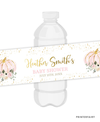Pink Gold Pumpkin Baby Shower Water Botte Label