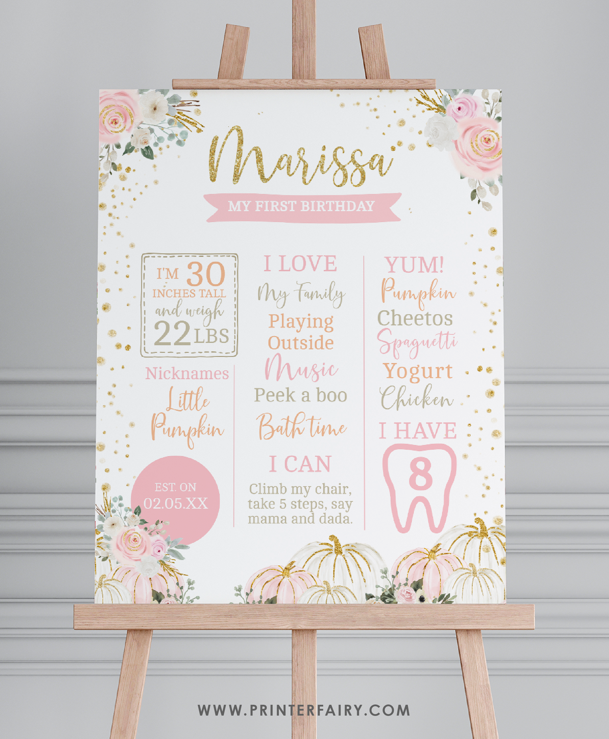Floral Pumpkin First Birthday Board