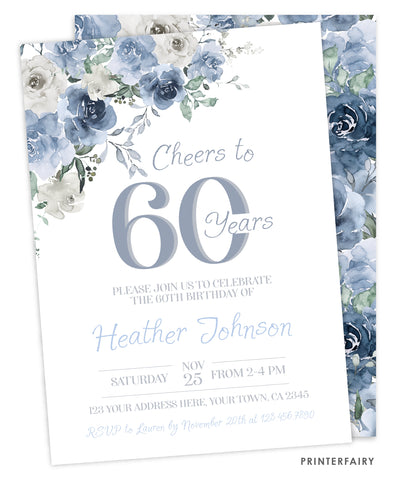 Dusty Blue 60 Years Birthday Invitation