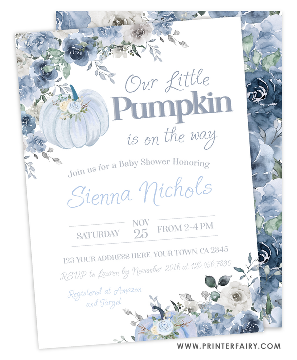 Dusty Blue Pumpkin Baby Shower Invitation