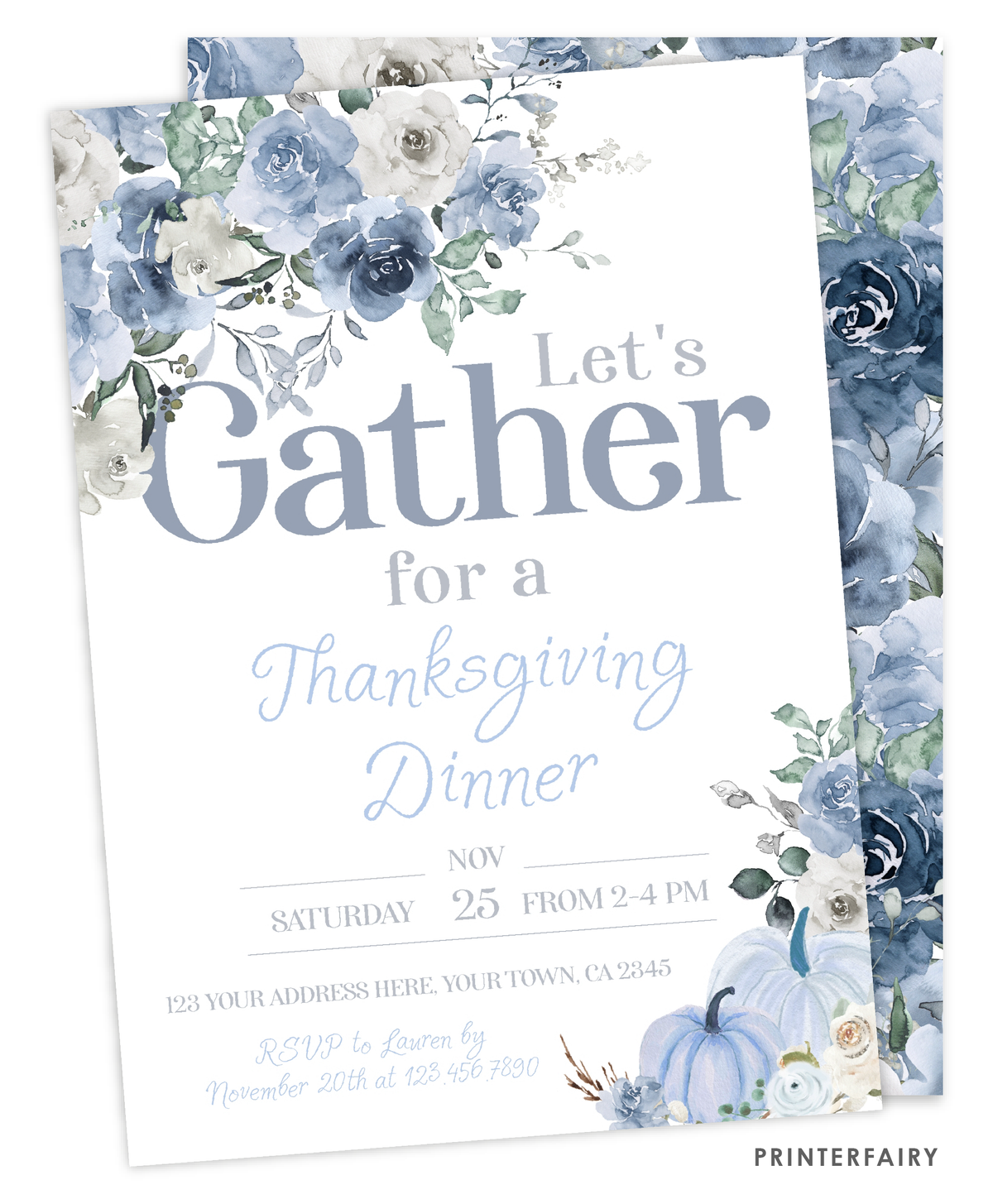 Dusty Blue Pumpkin Thanksgiving Invitation