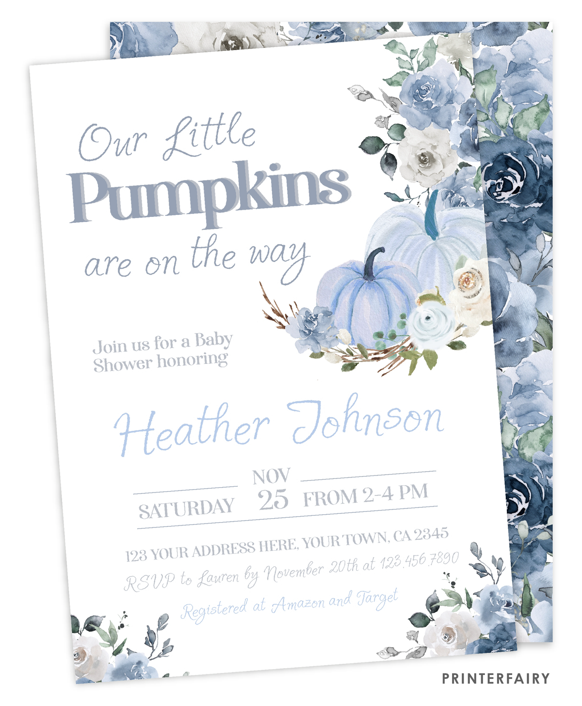 Dusty Blue Pumpkin Twins Baby Shower Invitation