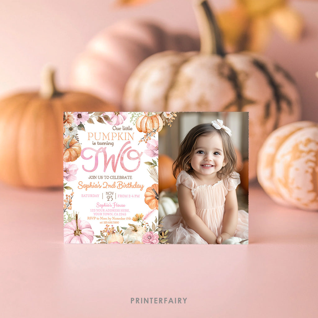 Little Pumpkin 2nd Birthday Invitation with Photo