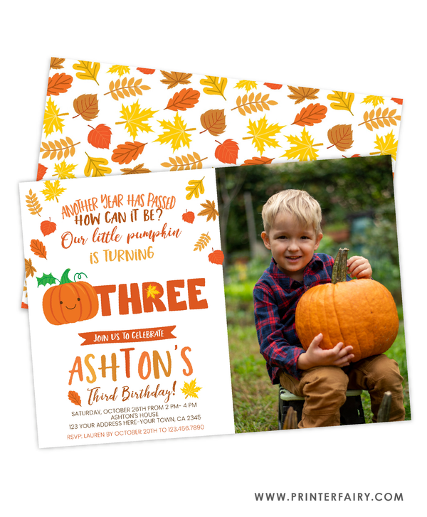Little Pumpkin Third Birthday Invitation with photo