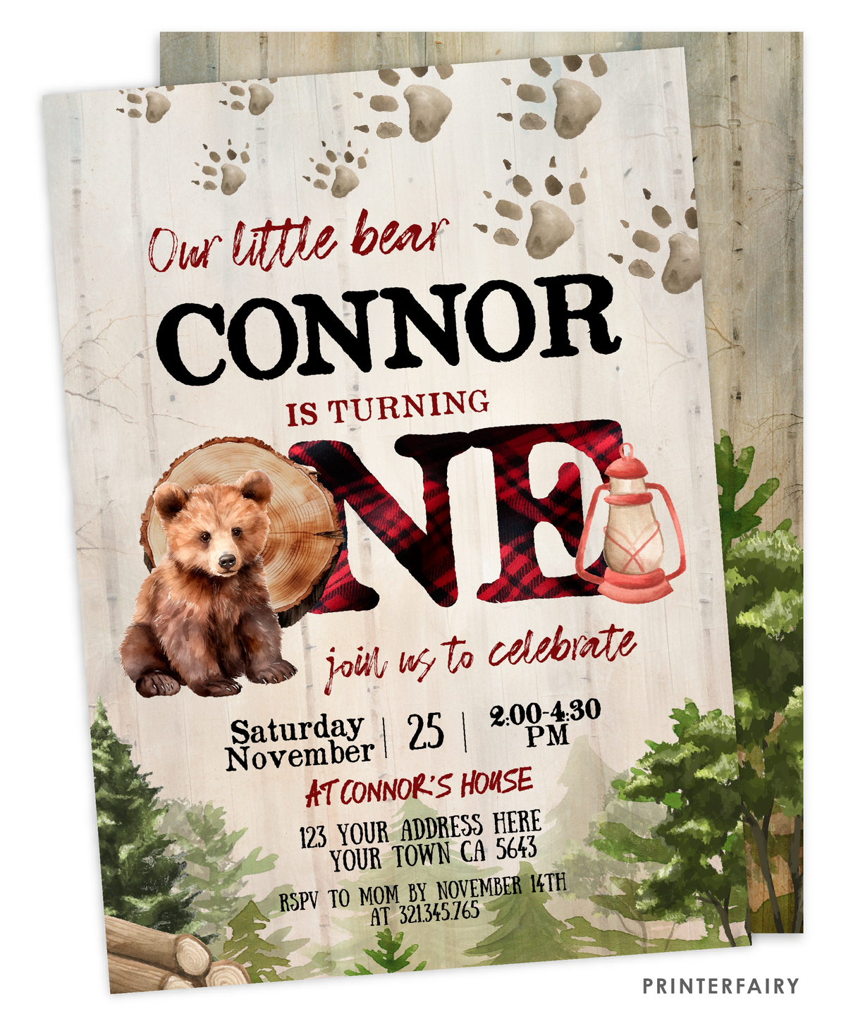 Bear Lumberjack First Birthday Invitation