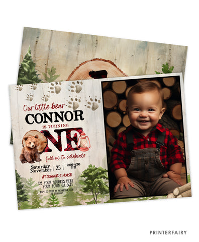 Bear Lumberjack 1st Birthday Invitation with Photo