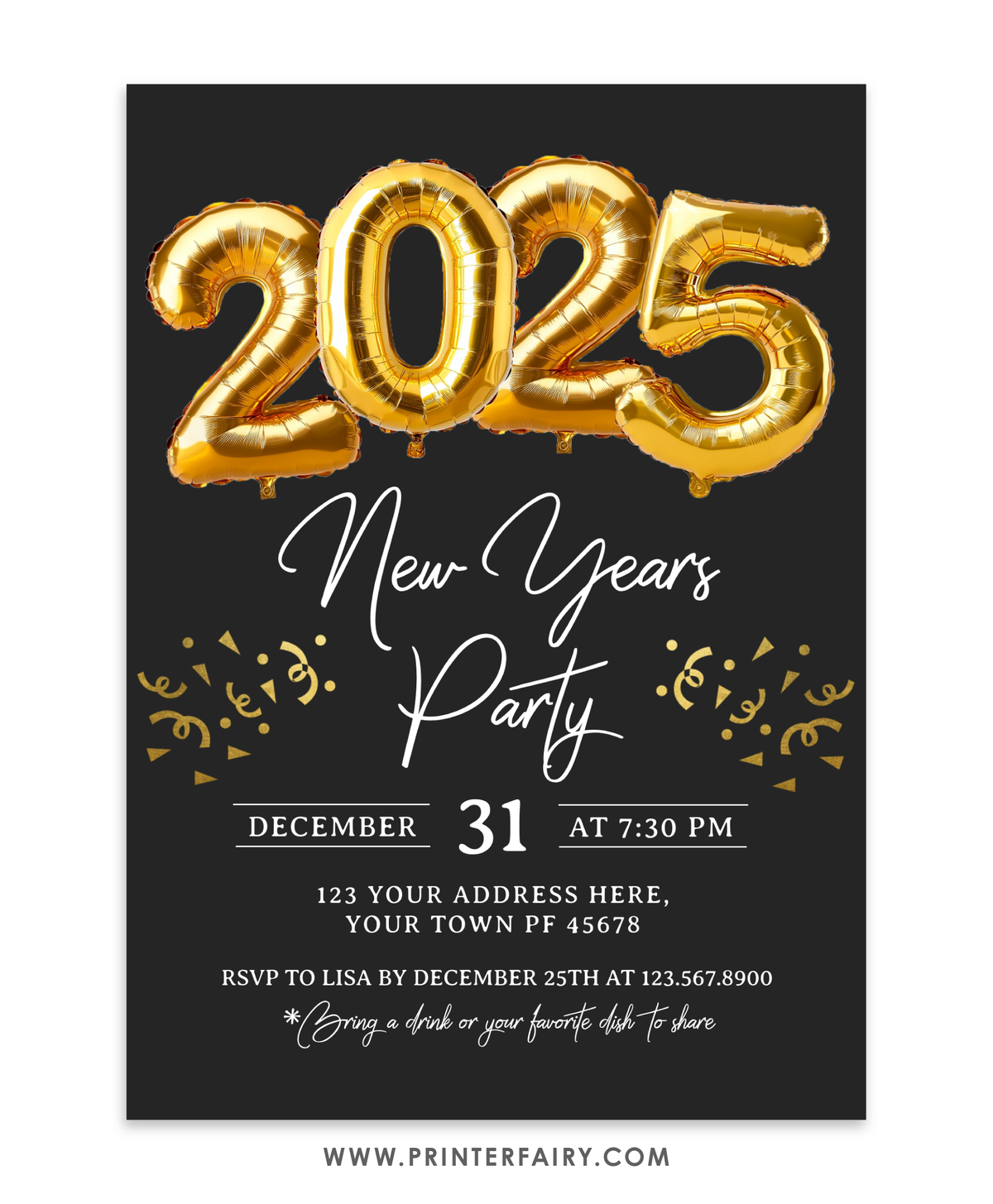 Gold foil balloons and black new year party invitation