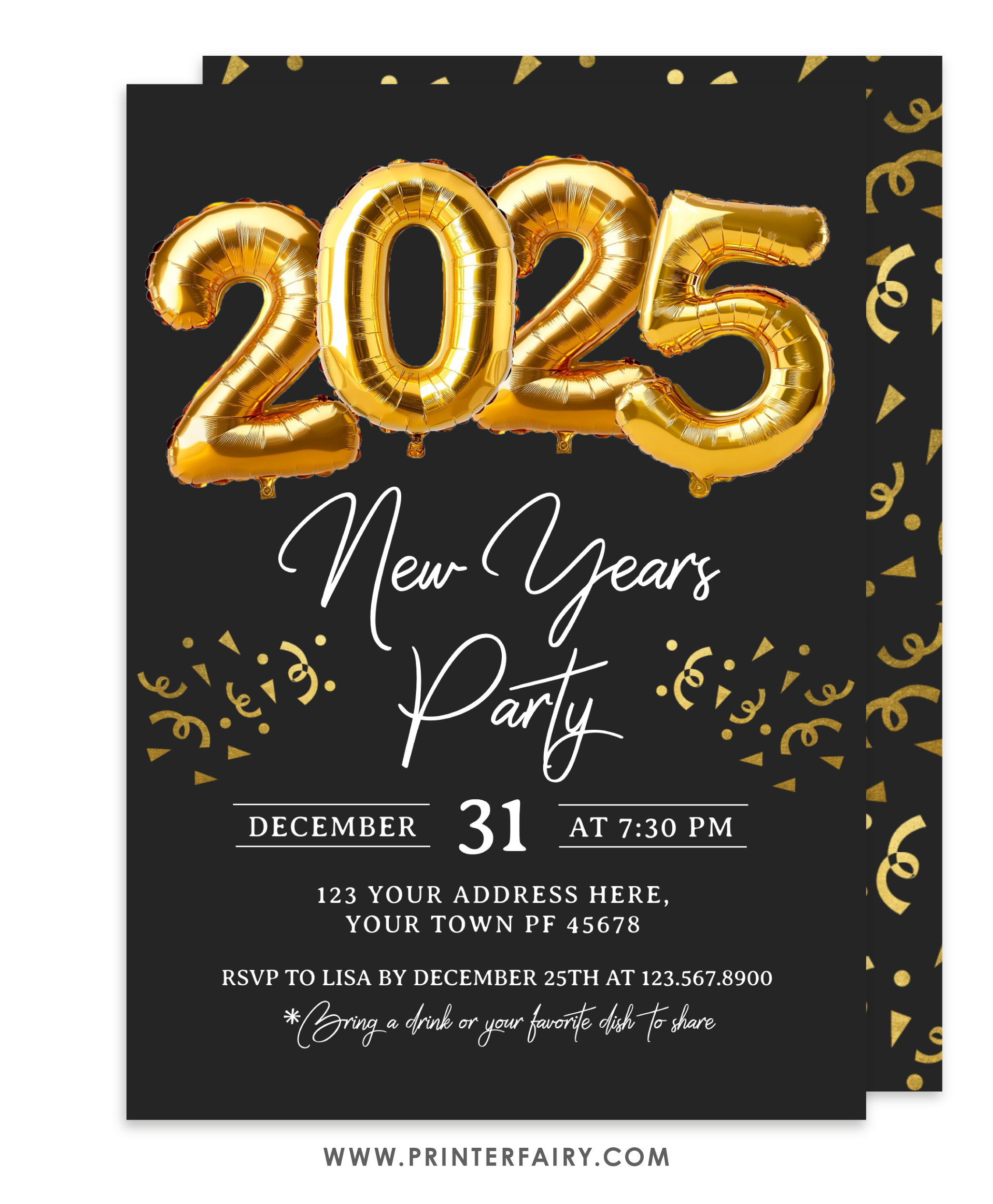 Gold foil balloons and black new year party invitation