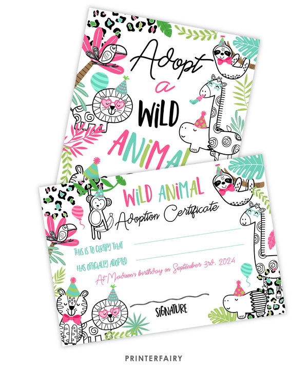 Jungle Animals Adoption Certificate and Sign