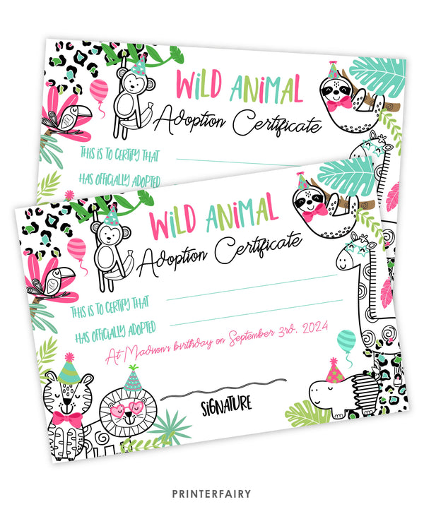 Jungle Animals Adoption Certificate and Sign