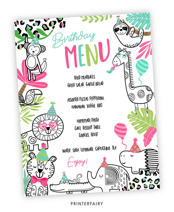 Jungle Animals Diner Menu