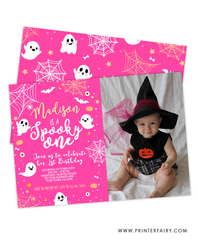 Pink Halloween First Birthday Invitation with Photo