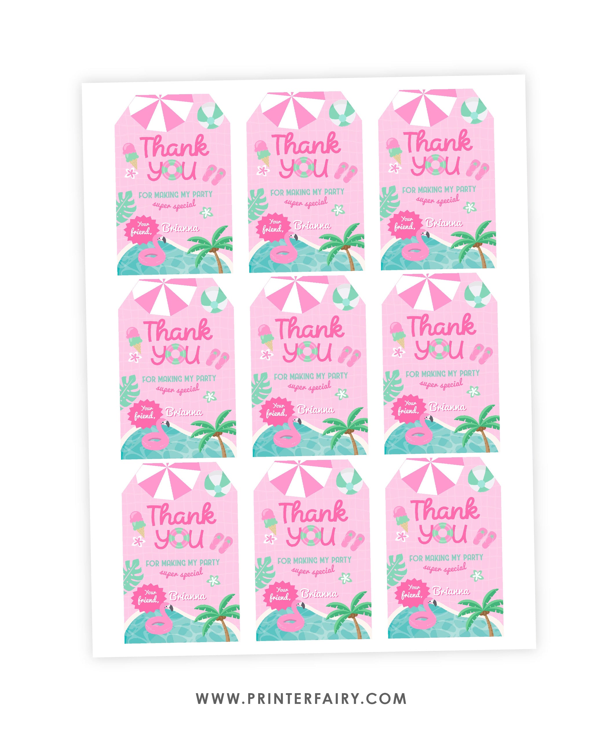Pink Pool Party Thank You Tags