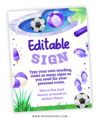 Soccer Pool Birthday Party Editable Sign