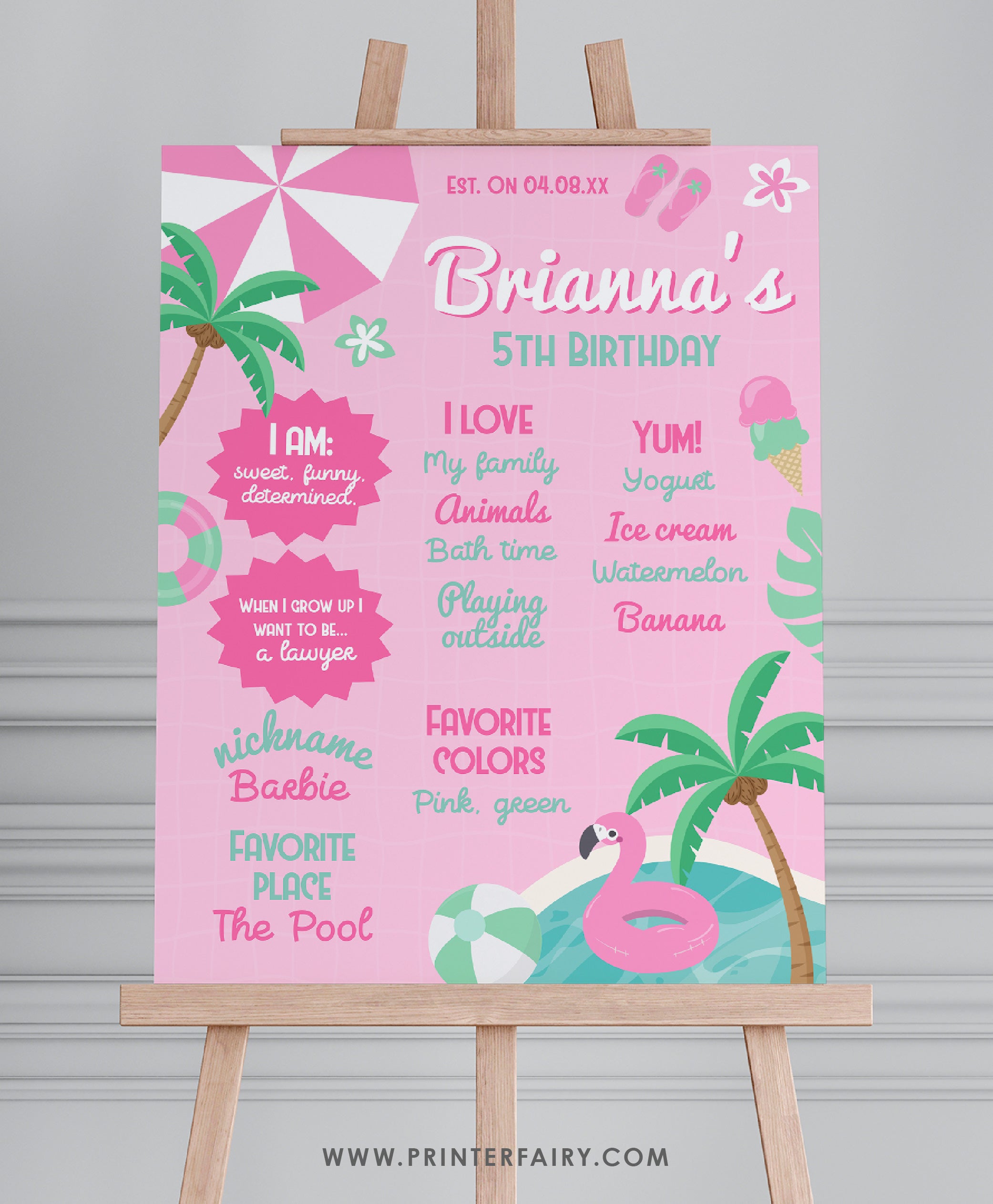 Pink Pool First Birthday Party Board