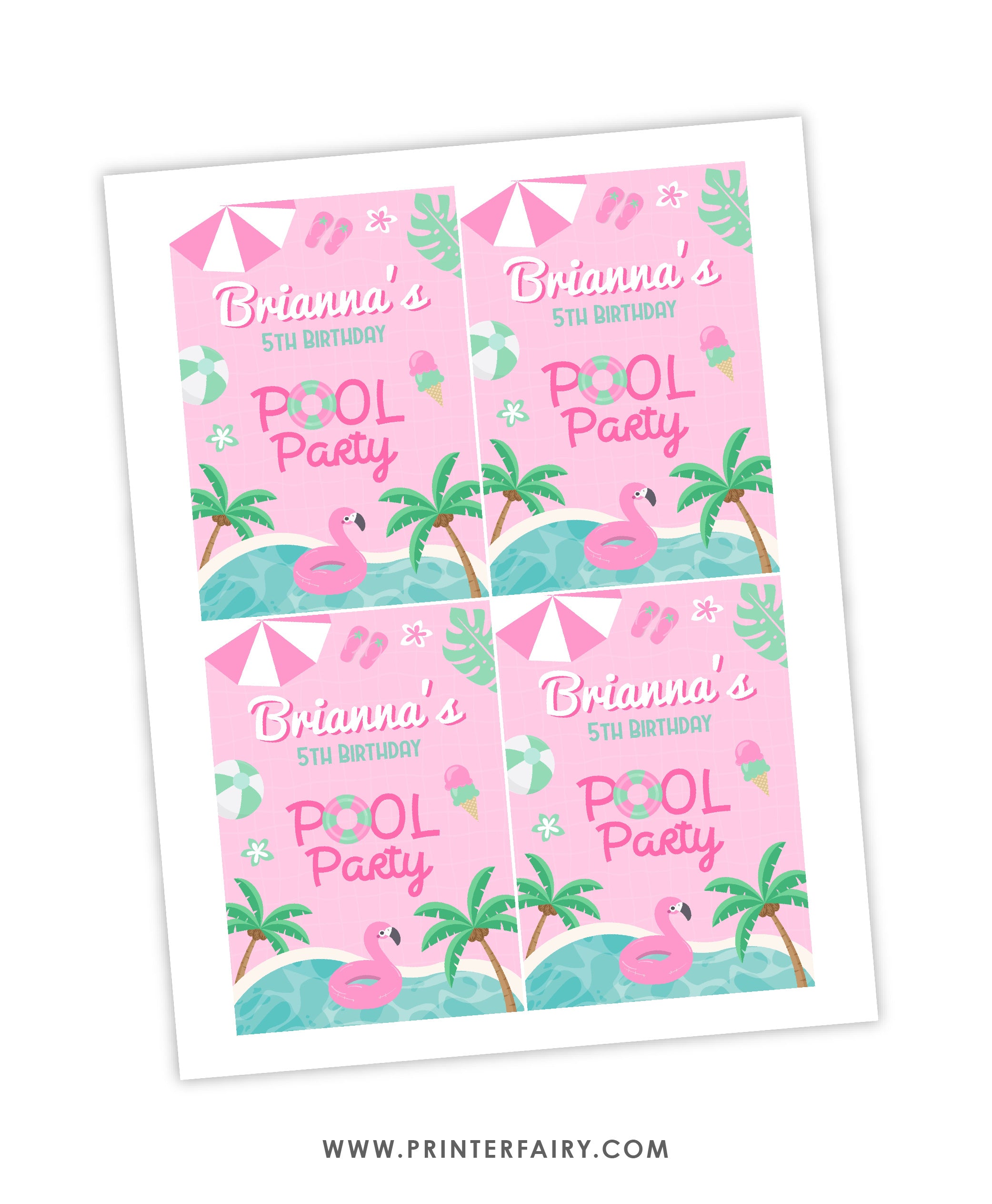 Pink Pool Party Drink Pouch Label | PrinterFairy