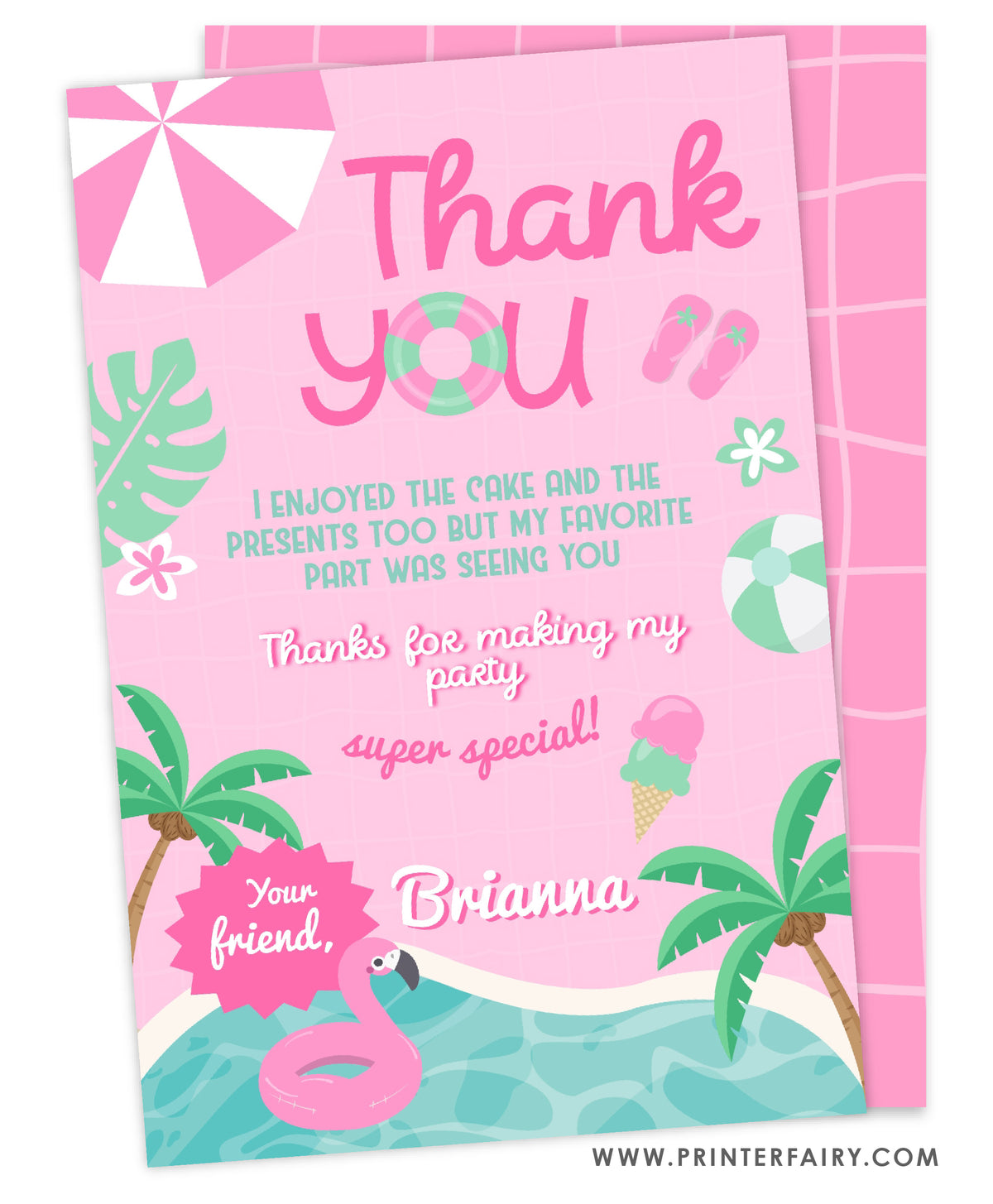 Pink Pool Party Thank You Card