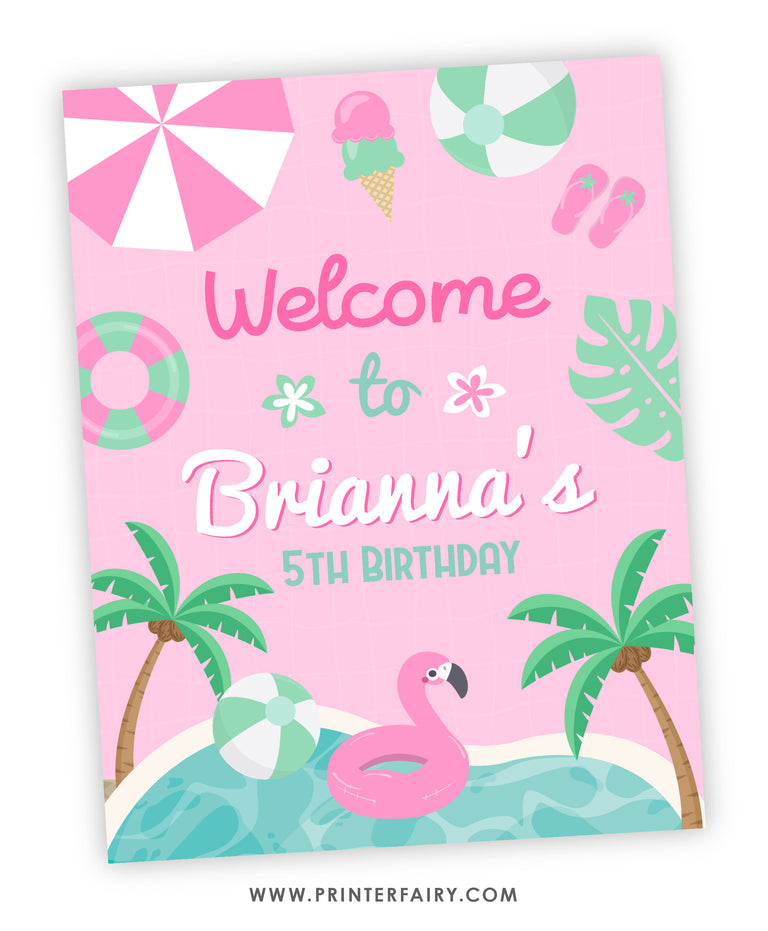 Pink Pool Party Welcome Sign | PrinterFairy