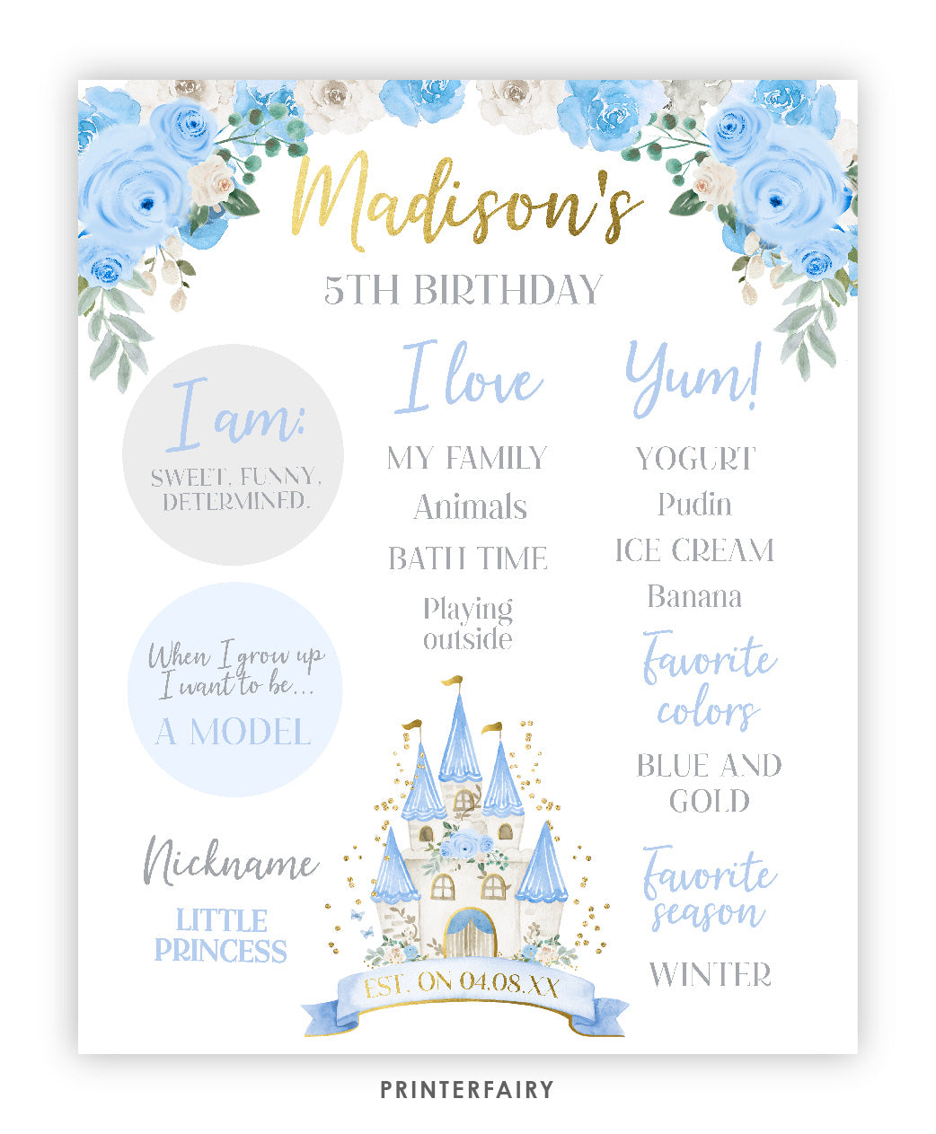 Blue Princess Birthday Board