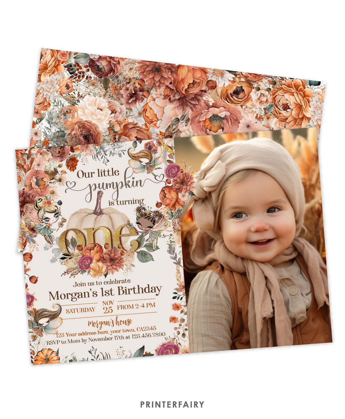 Pumpkin Fairies First Birthday Invitation with Photo