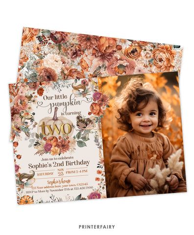 Pumpkin Fairies Second Birthday Invitation with Photo