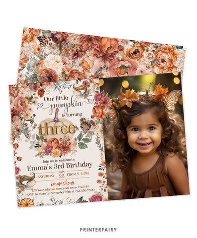 Pumpkin Fairies Third Birthday Invitation with Photo