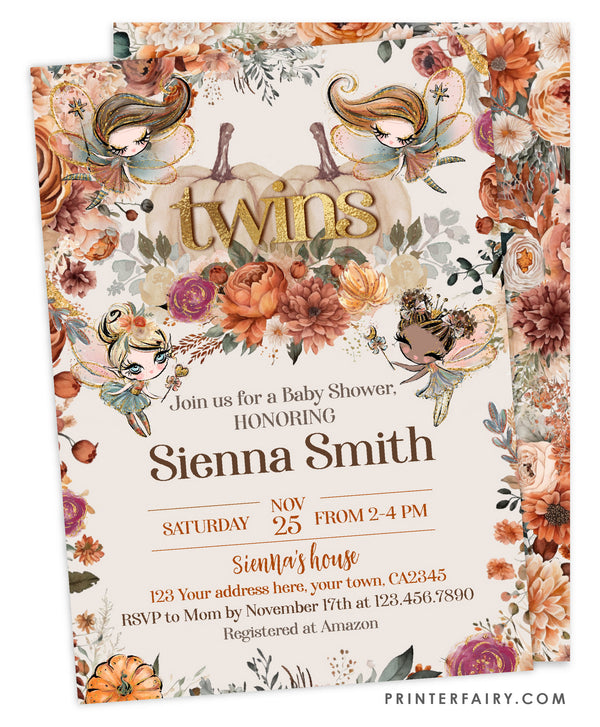 Pumpkin Fairies Twins Baby Shower Invitation