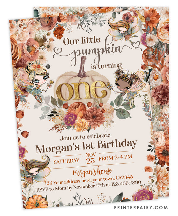 Pumpkin Fairy First Birthday Invitation