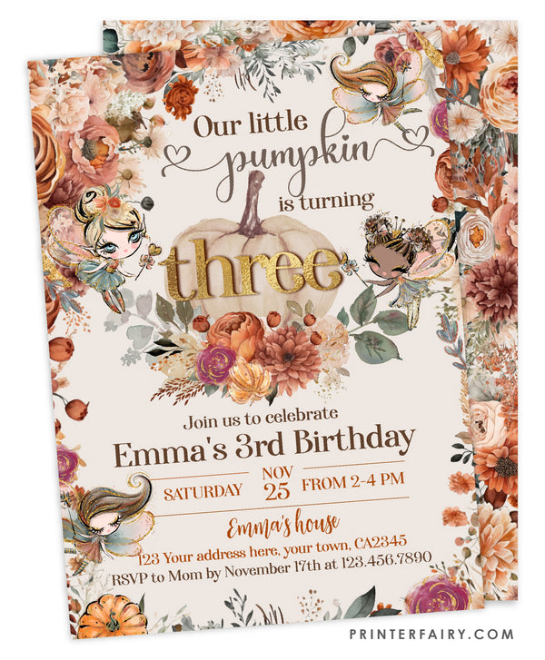 Pumpkin Fairies Third Birthday Invitation