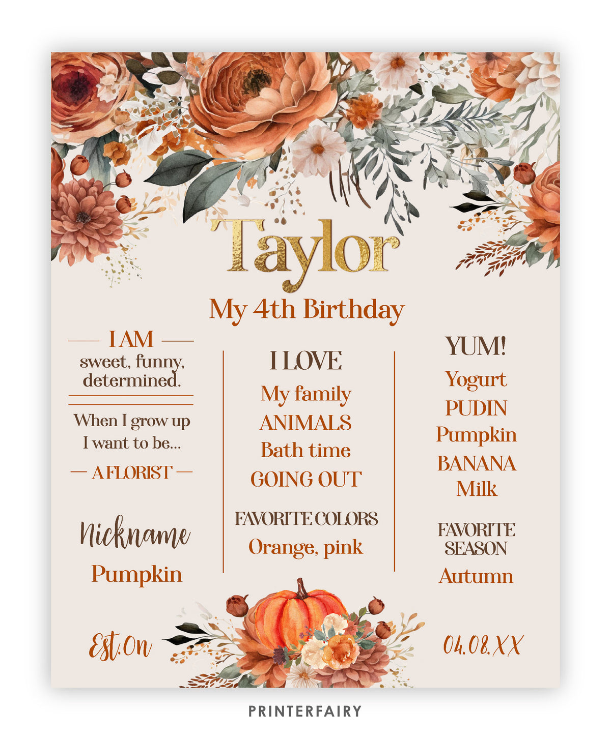 Floral Pumpkin First Birthday Board