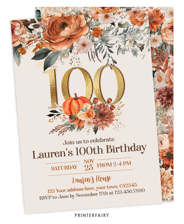Floral Pumpkin 100 Years Birthday Invitation