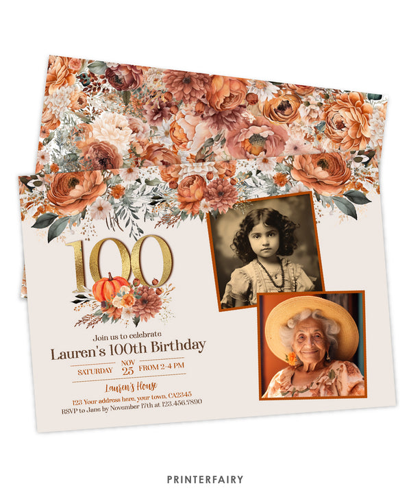 Floral Pumpkin 100 Years Birthday Invitation with Photo