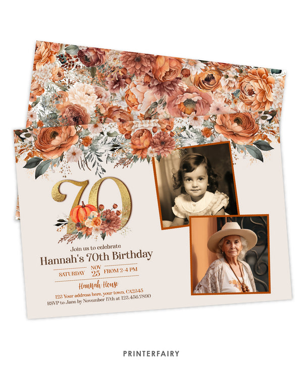 Floral Pumpkin 70 Years Birthday Invitation with Photo