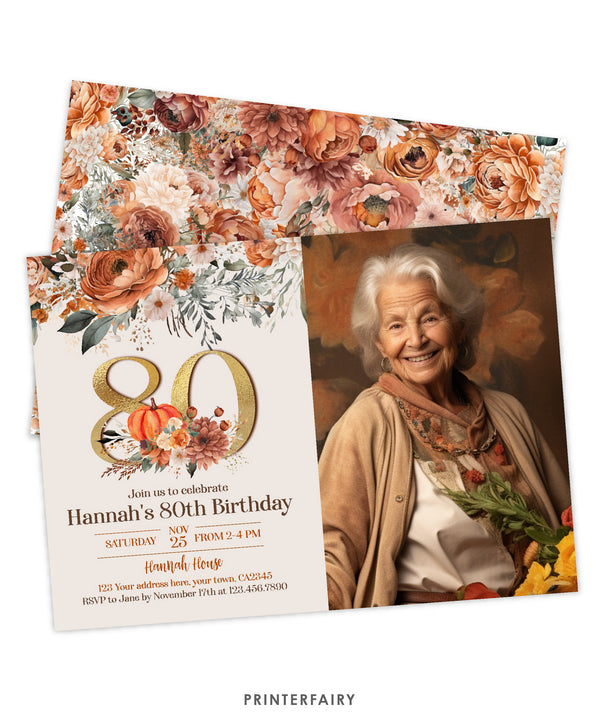 Floral Pumpkin 80 Years Birthday Invitation with Photo
